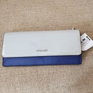 New COACH Saffiano Bifold Wallet Soapstone Gray & Blue